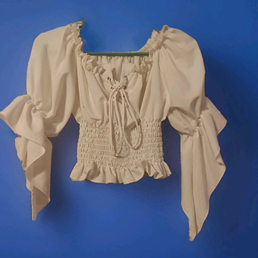 Unbranded Smocked Waist Babydoll Top Bell Sleeves Sz Small White Fairy Y2k
